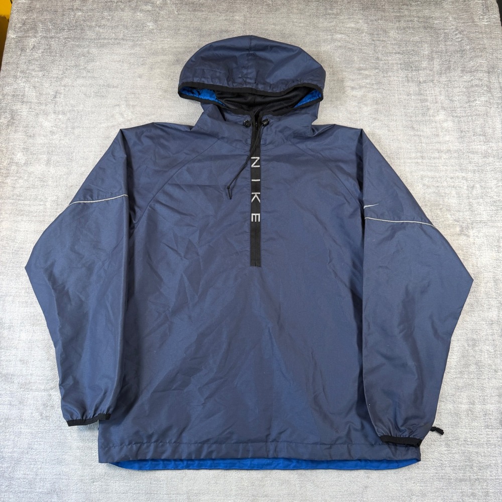 Vintage Nike Jacket Mens Large Blue Windbreaker Pullover Hooded Half Zip Ripstop